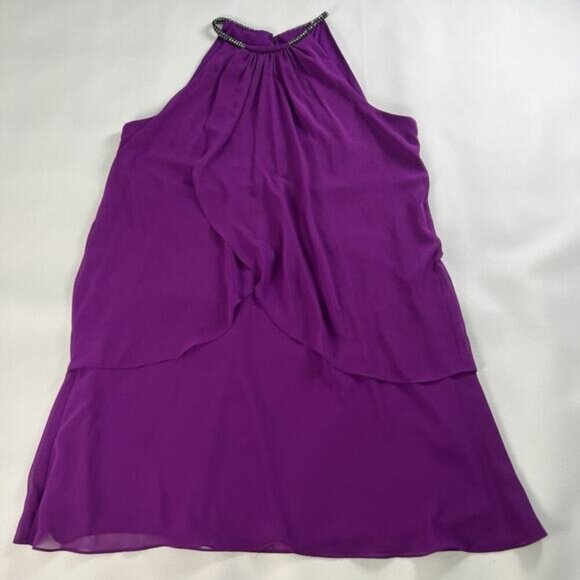 SLNY Women's Purple Sleeveless Chiffon Halter Mini Shift Rhinestone Dress Sz. 14 - Picture 1 of 11